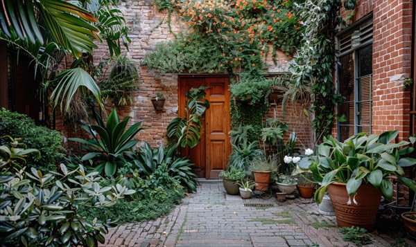 Serene courtyard scene with green foliage and a centered wooden door AI generated