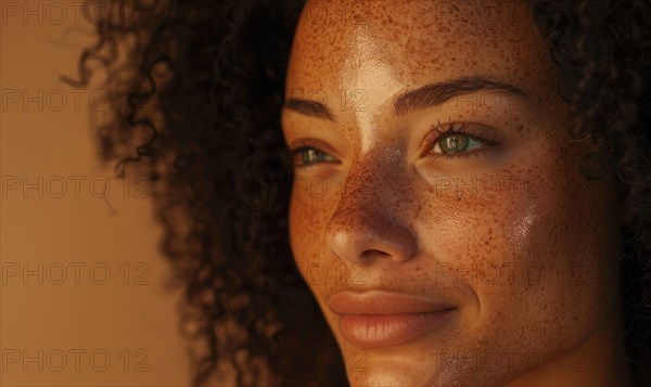 A woman's face is illuminated by the golden hour light, highlighting her freckles and serene look AI generated