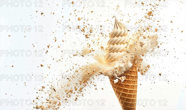 Ice cream cone explosion on white background AI generated