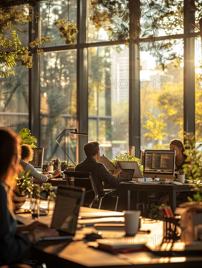 Sunlit co-working space with people and indoor greenery, AI generated