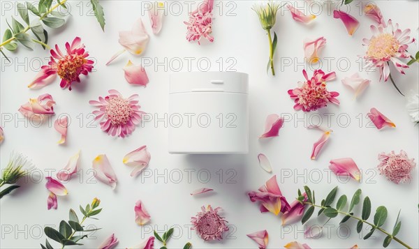 Blank creme jar mockup with scattered flower petals on a white background, beauty in nature AI generated