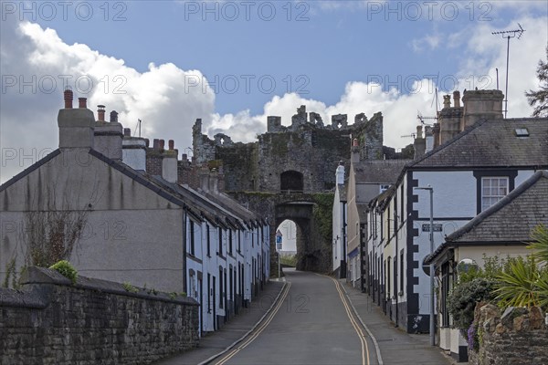 Houses, street, town gate, Conwy, Wales, Great Britain