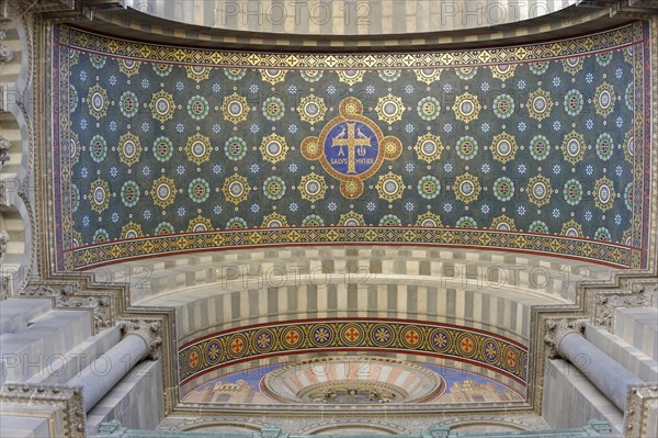 Marseille Cathedral or Cathedrale Sainte-Marie-Majeure de Marseille, 1852-1896, Marseille, A colourful vaulted ceiling with Christian symbols adorns the church interior, Marseille, Departement Bouches-du-Rhone, Region Provence-Alpes-Cote d'Azur, France, Europe