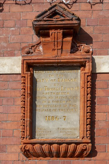 Memorial plaque, clock tower, Bangor, Wales, Great Britain