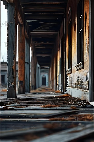 Abandoned building in a ghost town in post apocalyptic silence, AI generated