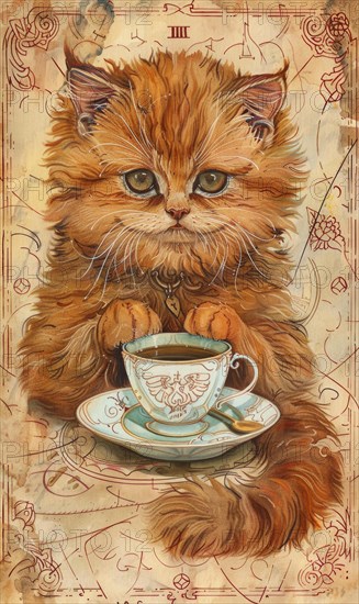A cute orange cat is holding a cup of tea in its paws. The cat is sitting on a table with a teacup and saucer in front of it. The scene is playful and whimsical AI generated