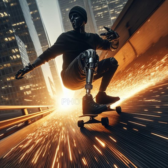 Masked figure with a robotic leg skateboarding at sunset, with sparks and blurred motion, AI generated