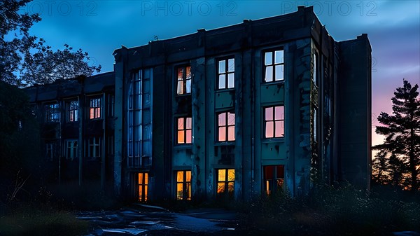 Neglected hospital building haunting silhouette at twilight, AI generated, hospital, damage, abandoned, ruin, decrepit