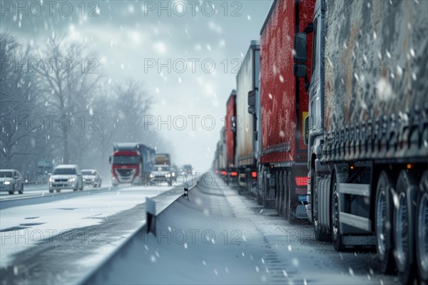 Traffic jam, congested motorway with many lorries and cars in winter, bad weather conditions, snow chaos, restricted visibility, AI generated, AI generated, AI generated
