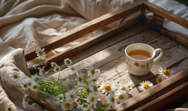 Chamomile tea set on a wooden tray AI generated