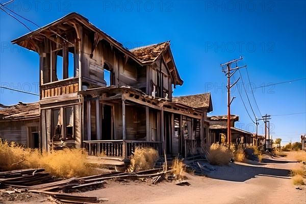 Abandoned building in a ghost town in post apocalyptic silence, AI generated