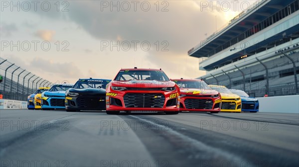 A dynamic view of colorful race cars lined up on the track, showcasing speed and competition under a dramatic sky, AI generated