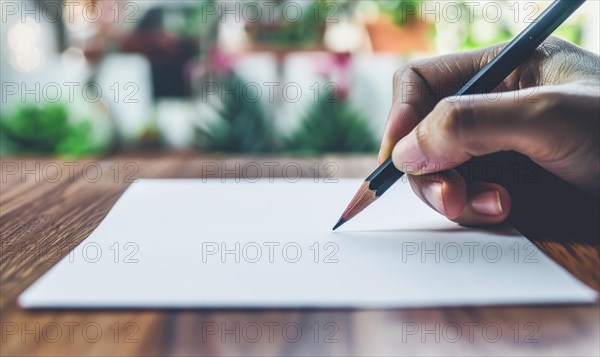 A hand holding a graphite pencil poised over a blank sheet of white paper AI generated