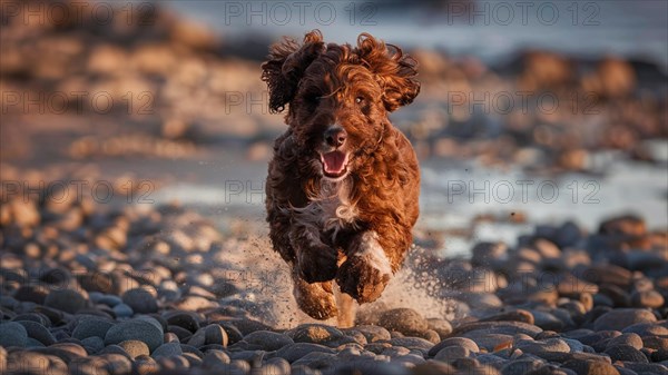 A joyful red brown water dog in mid-run on a pebble beach, bathed in the golden light of sunset, AI generated