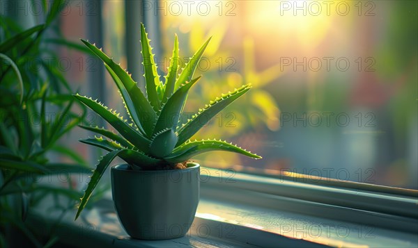 A close-up of a vibrant green aloe vera plant basking in the sunlight on a windowsill AI generated