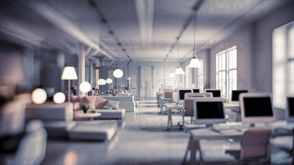 Wide open office space with a soft focus, highlighting a modern and minimalistic style, AI generated