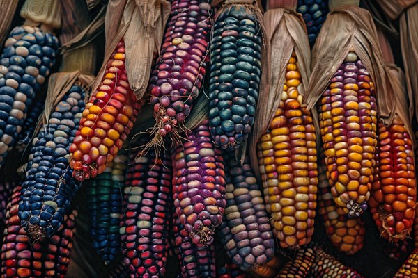 Multi colored Indian corn. KI generiert, generiert, AI generated