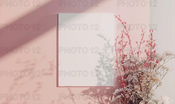 Flat background with blank poster mockup on pink wall AI generated