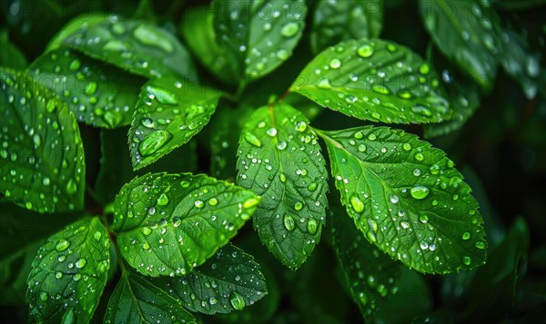 Raindrops on fresh green leaves, close up view of spring green leaves, nature background AI generated