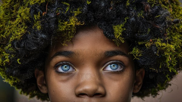 Close-up of a child with intense blue eyes and afro hair embedded with green moss growing and thriving, creating a mystical and enchanting effect, earth day concept, AI generated