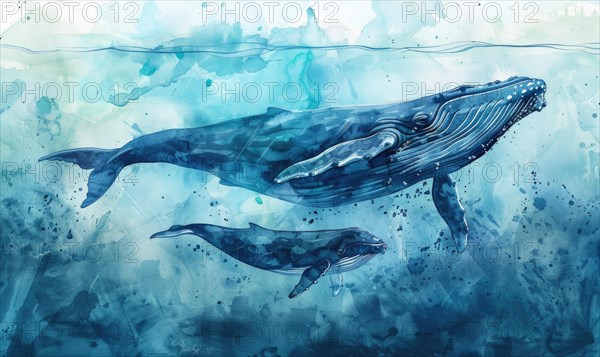 Watercolor illustration of mother whale with her calf in ocean AI generated