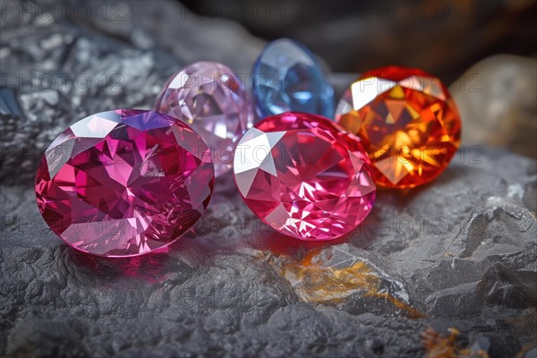 Colorful gemstones with sparkling facets on a rocky surface, AI generated