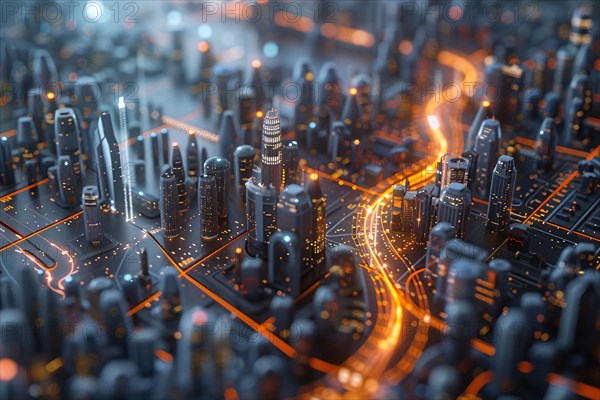 Miniature cityscape with a tilt-shift effect creating an artificial model-like urban environment, AI generated