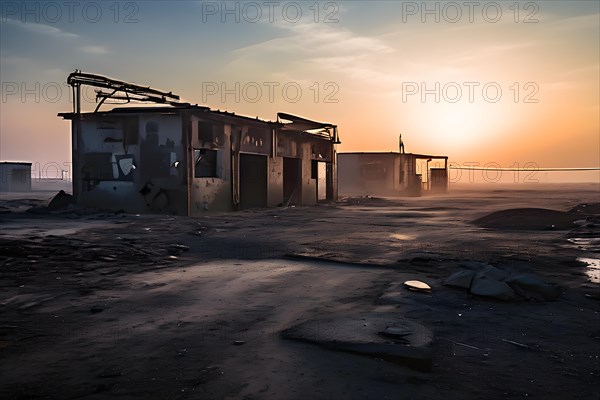 Deserted military base featuring empty barracks and abandoned tanks in silent, AI generated