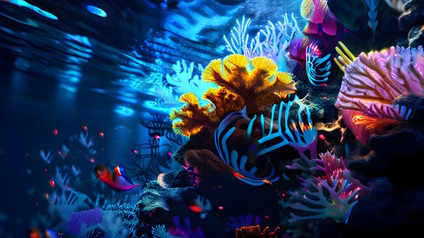 AI generated underwater landscape with and bioluminescent creatures