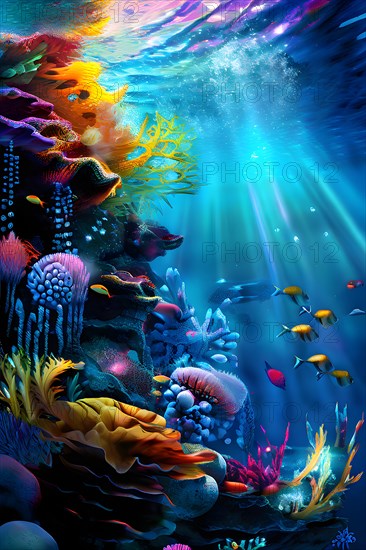 AI generated underwater landscape with and bioluminescent creatures