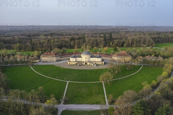 Aerial view of the rococo-style hunting and pleasure palace Schloss Solitude, built by Duke Carl Eugen von Wuerttemberg, Stuttgart, Baden-Wuerttemberg, Germany, Europe