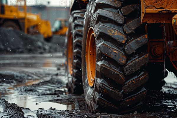 Close up of muddy wheel of construction site vehicle. KI generiert, generiert, AI generated