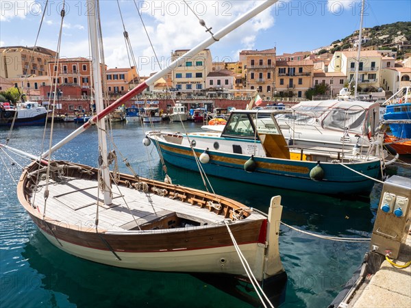 Colourful boats in the harbour, Maddalena, Isola La Maddalena, Sardinia, Italy, Europe