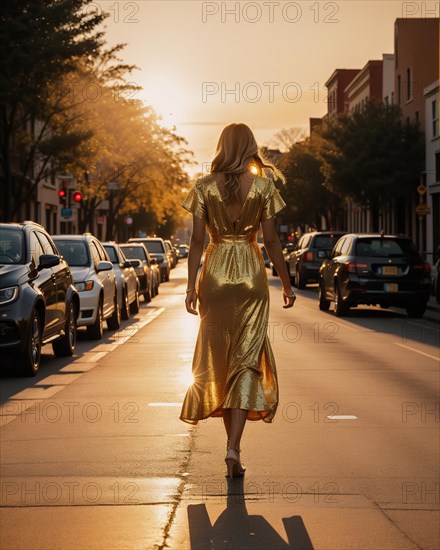 Beautiful young woman in a long yellow dress walking on the street at sunset. ai generative, AI generated