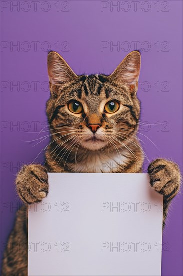 Tabby cat holding empty white sign in front of studio background. KI generiert, generiert, AI generated