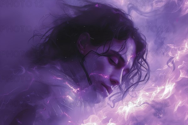 Digital artwork of an ethereal man surrounded by dreamlike purple smoke, AI Generated, AI generated