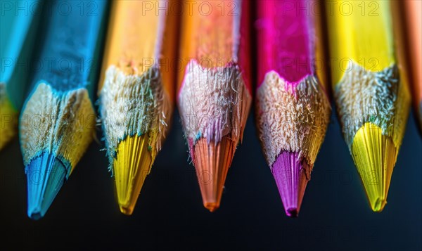 Close-up of a bunch of colored pencils, abstract background with colored pencils macro view AI generated