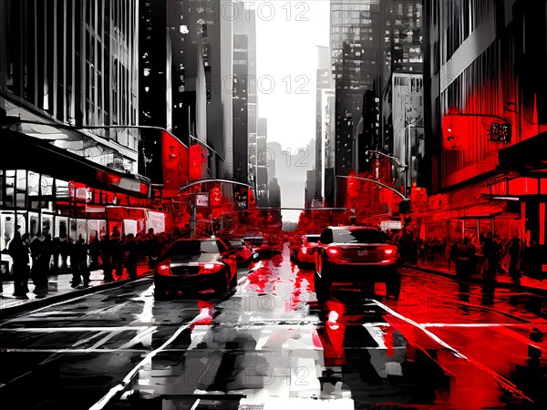 AI generated bustling street scene monochromatic snapshot with colorful digital elements