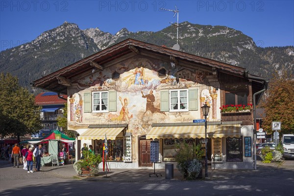 Lueftlmalerei on old house facade, Jocherhaus, Kramermassiv, district Garmisch, Garmisch-Partenkirchen, Werdenfelser Land, Upper Bavaria, Bavaria, Germany, Europe