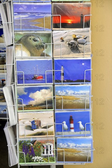 Sylt, North Frisian Island, Schleswig-Holstein, A display with various colourful postcards with motifs of Sylt, Sylt, North Frisian Island, Schleswig-Holstein, Germany, Europe