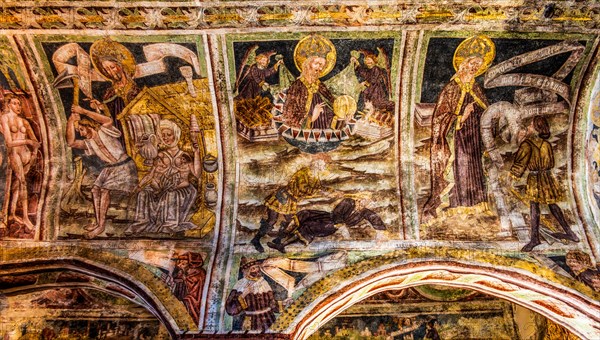 Cain and Abel, barrel vault with the story of the scoop, Gothic frescoes from 1490, a highlight of medieval wall painting, by Johannes von Kastav, Romanesque Church of the Holy Trinity, 15th century, Hrastovlje, Slovenia, Hrastovlje, Slovenia, Europe