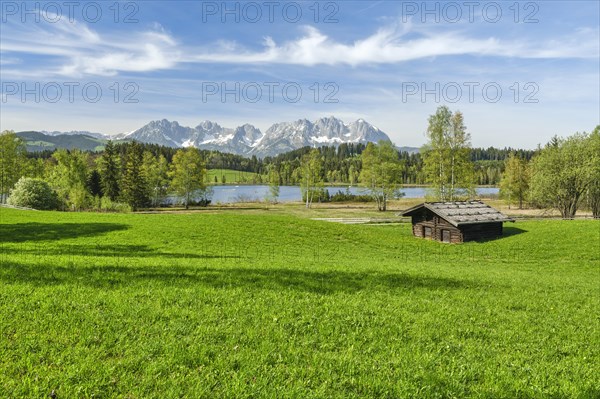 Hut at Schwarzsee in the Kitzbuehel Alps, spring, Wilder Kaiser, Kitzbuehel, Tyrol, Austria, Europe