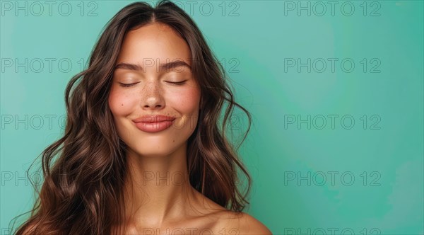 A brunette woman model with long hair is standing in front of a orange background, AI generated