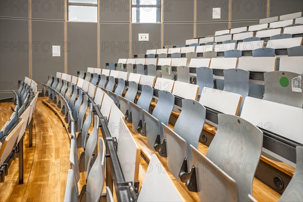 Rows of seats in an empty lecture theatre, interior photo, Department of Mechanical Engineering, Technical University of Munich, TUM, Garching, Bavaria, Germany, Europe