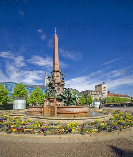 Mendebrunnen and Krochhochhaus, Leipzig, Augustusplatz, Leipzig, Saxony, Germany, Europe