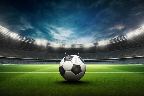 A soccer ball on a green field in soccer football stadium in evening with floodlights lights, AI generated