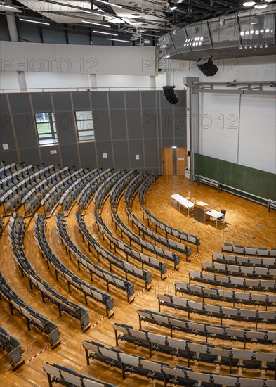 View from above into an empty lecture theatre with rows of seats and lectern, interior photo, Department of Mechanical Engineering, Technical University of Munich, TUM, Garching, Bavaria, Germany, Europe