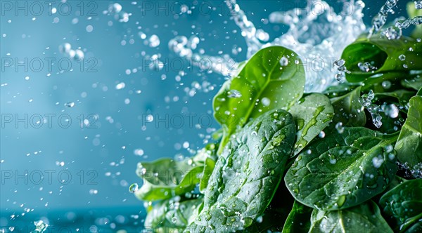 Fresh green spinach floating in water. A concept of vegetarian lifestyle and vegetarian diet, AI generated