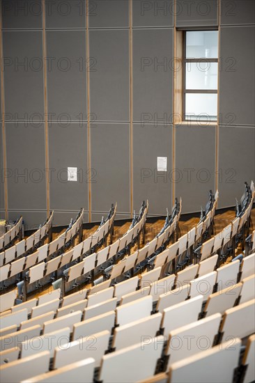 Rows of seats in an empty lecture theatre, interior photo, Department of Mechanical Engineering, Technical University of Munich, TUM, Garching, Bavaria, Germany, Europe