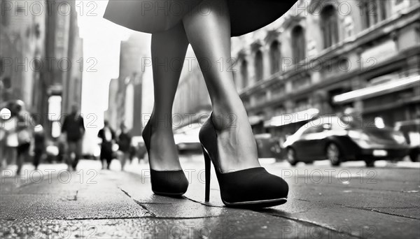 High heels stepping on an urban street captured in a dramatic black and white street photography style, AI generated